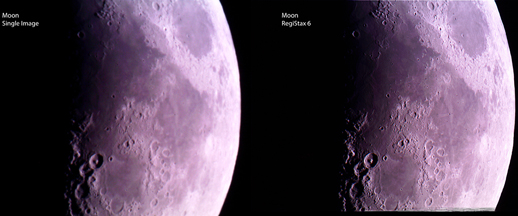 Луна: реальное изображение без обработки (слева) и изображение с обработкой в программе RegiStax 6 (справа)
