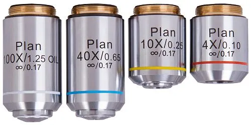 Набор планахроматических объективов Levenhuk MED 1000 4x, 10x, 40xs, 100xs (масляный),  1