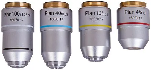Набор планахроматических объективов Levenhuk MED 900 4x, 10x, 40xs, 100xs (масляный),  1